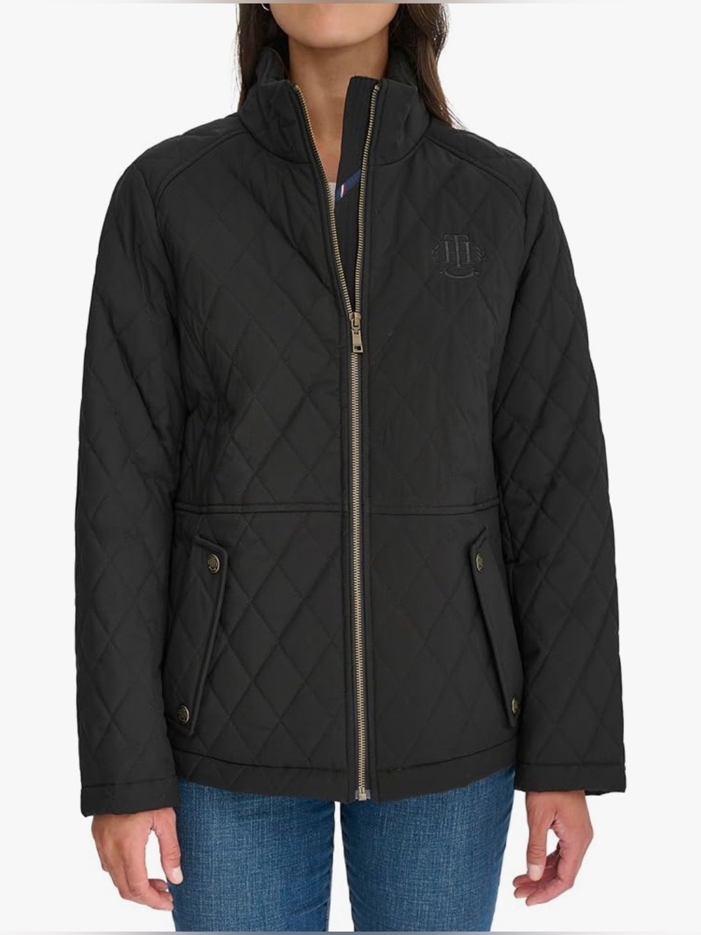 NWT Women’s Tommy Hilfiger Black Brass Hardware Quilted Barn Jacket Size Large